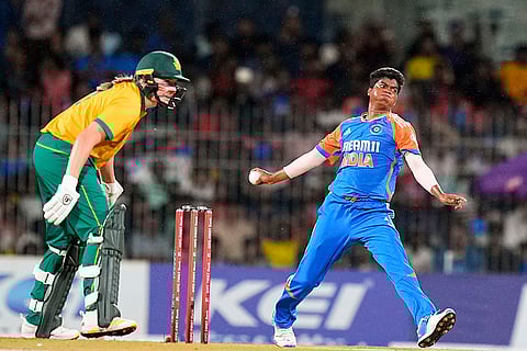 Pooja Vastrakar bowls a delivery against South Africa Women